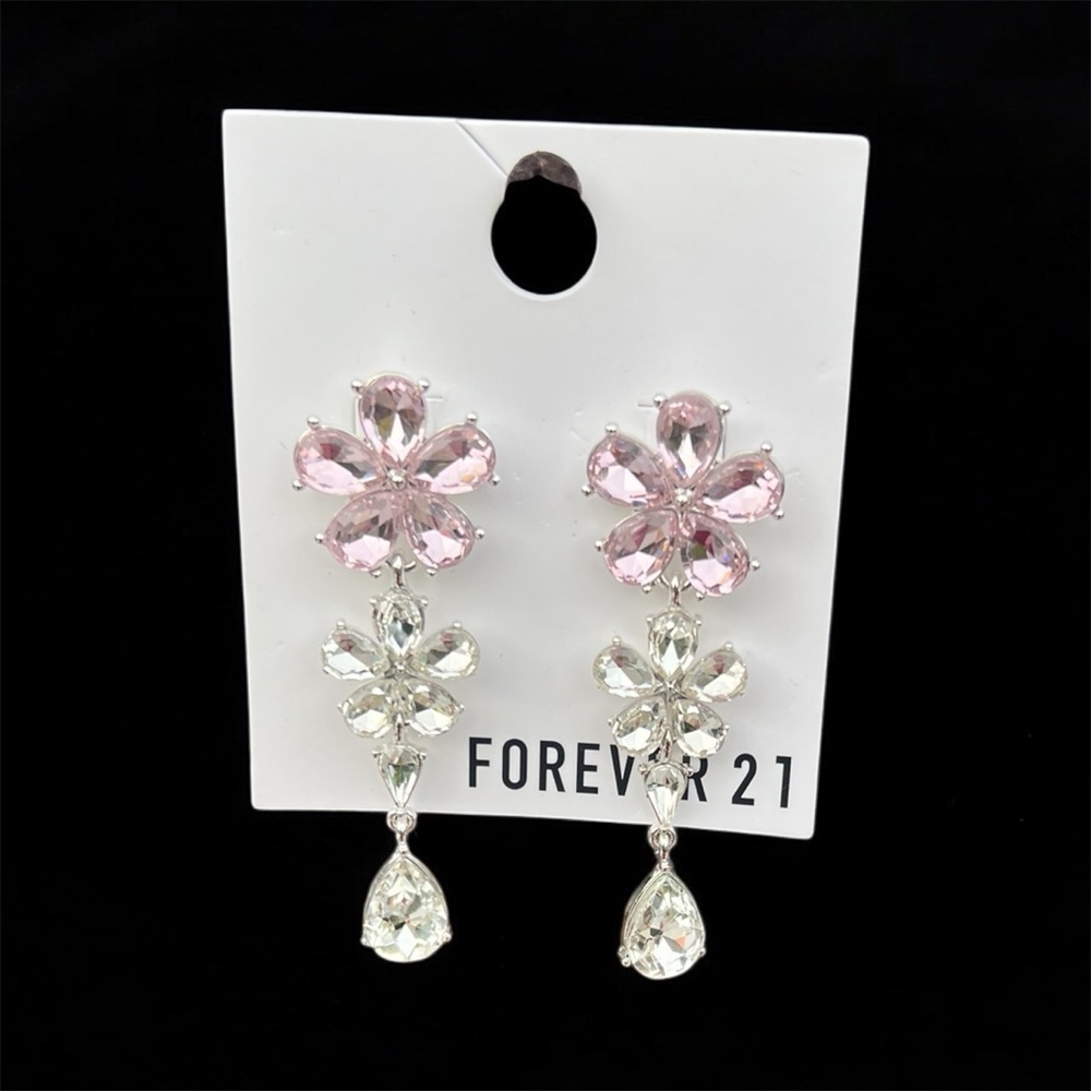 Forever 21 Pink Floral Crystal Drop Earrings Wedding Jewelry